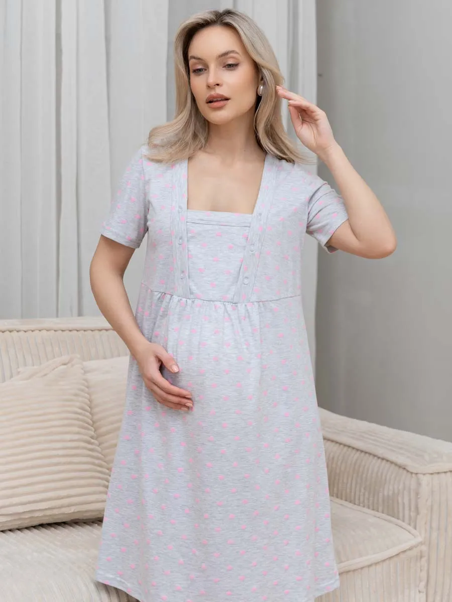 Ночная сорочка для беременных и кормящих в роддом 55701 серый меланж/розовый