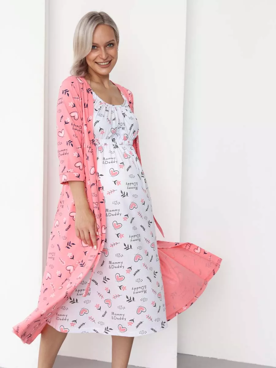 Халат и сорочка для беременных и кормящих в роддом костюм коралловый/белый