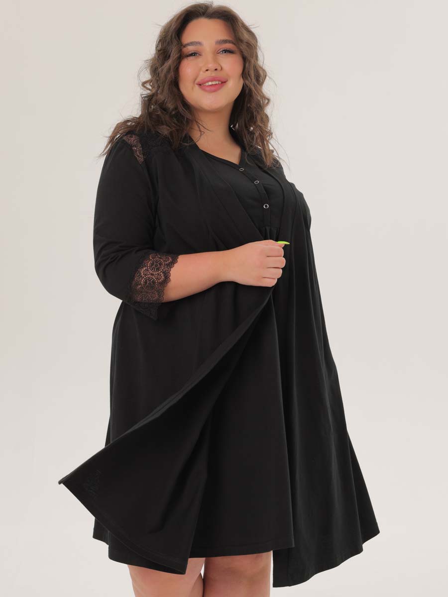 Комплект халат с сорочкой большие размеры костюм в роддом черный