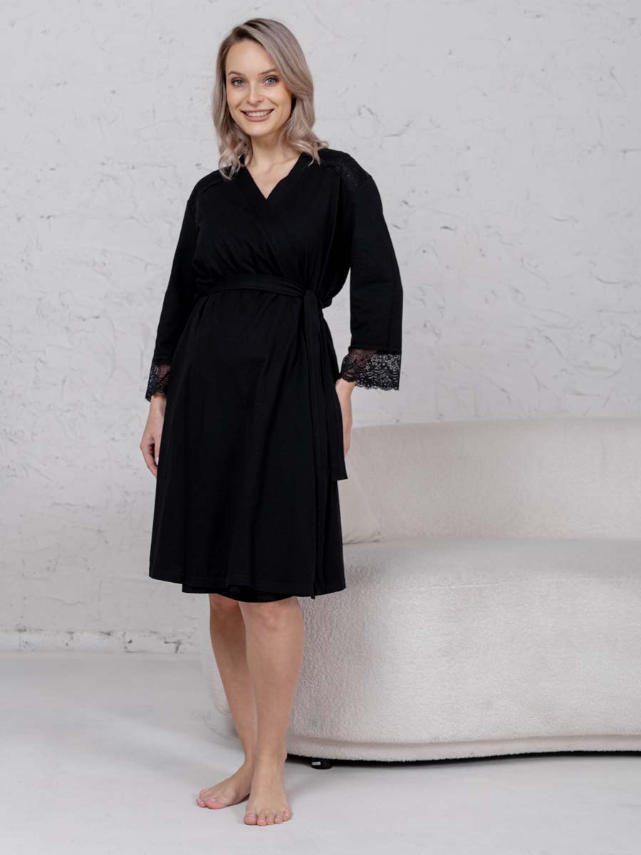 Халат с сорочкой для беременных и кормящих в роддом 21120 черный