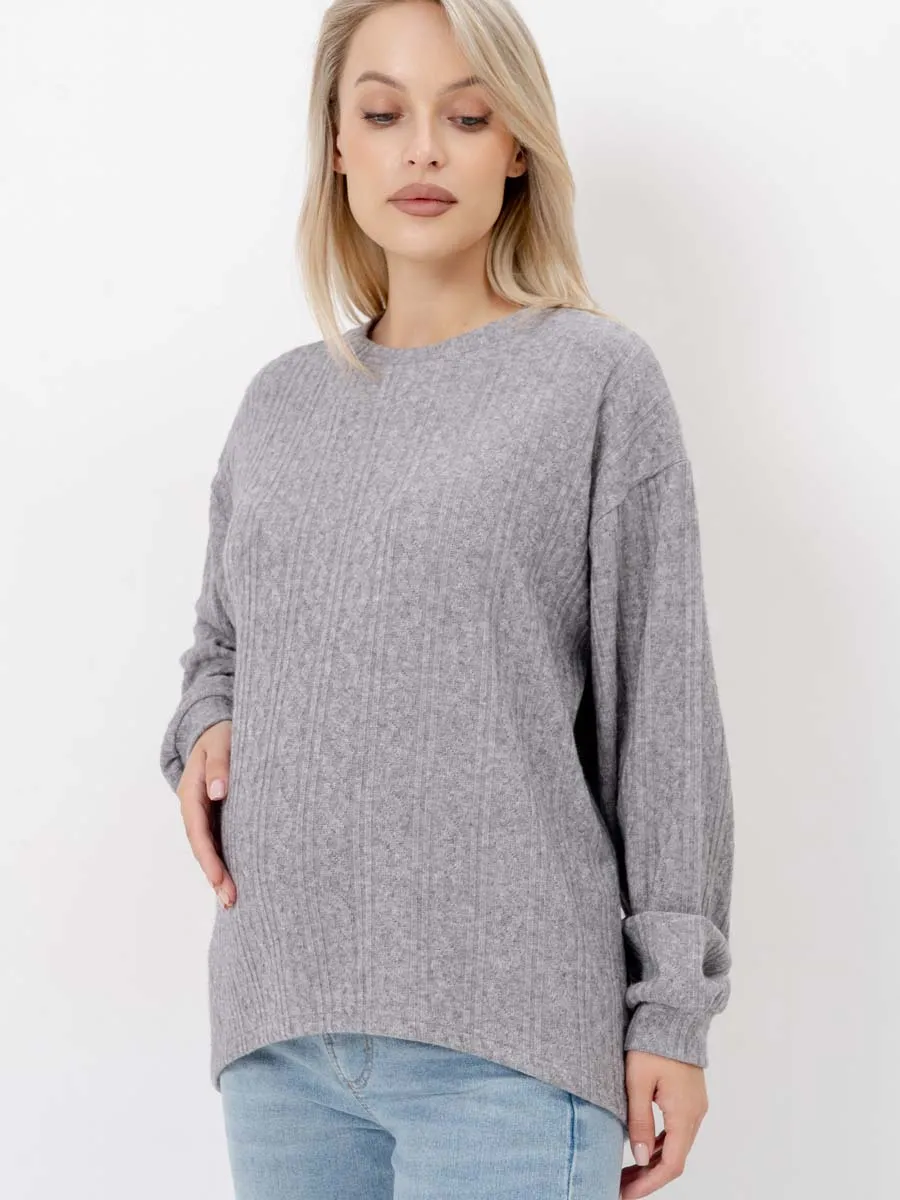 Джемпер оверсайз для беременных теплый с длинным рукавом темно-серый