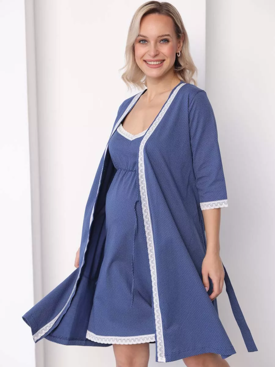 Халат с сорочкой для беременных и кормящих в роддом синий/молочный