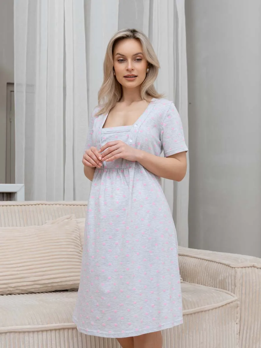 Ночная сорочка для беременных и кормящих в роддом 55701 серый меланж/розовый