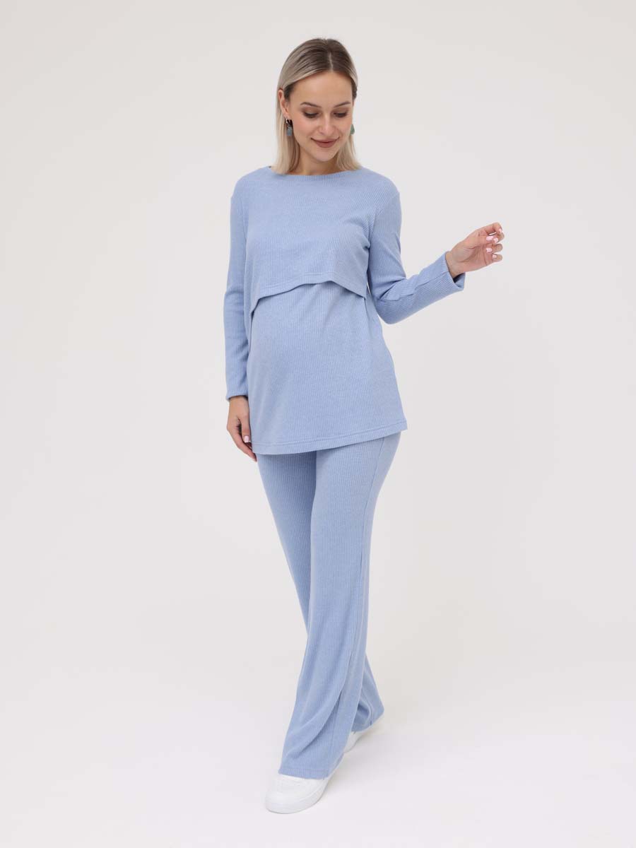 Костюм для беременных и кормящих с брюками в рубчик голубой