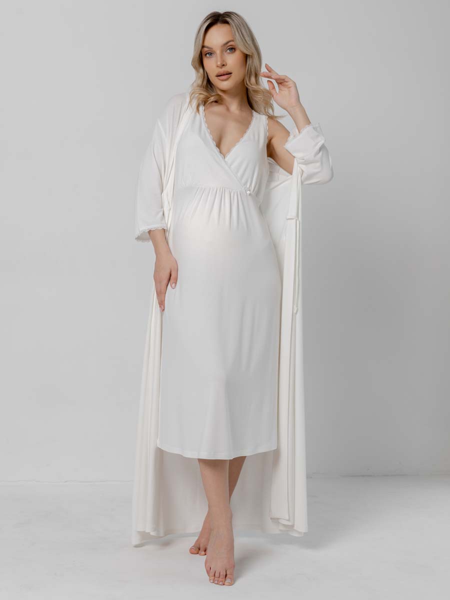 Костюм для беременных халат и сорочка в роддом для кормящих молочный