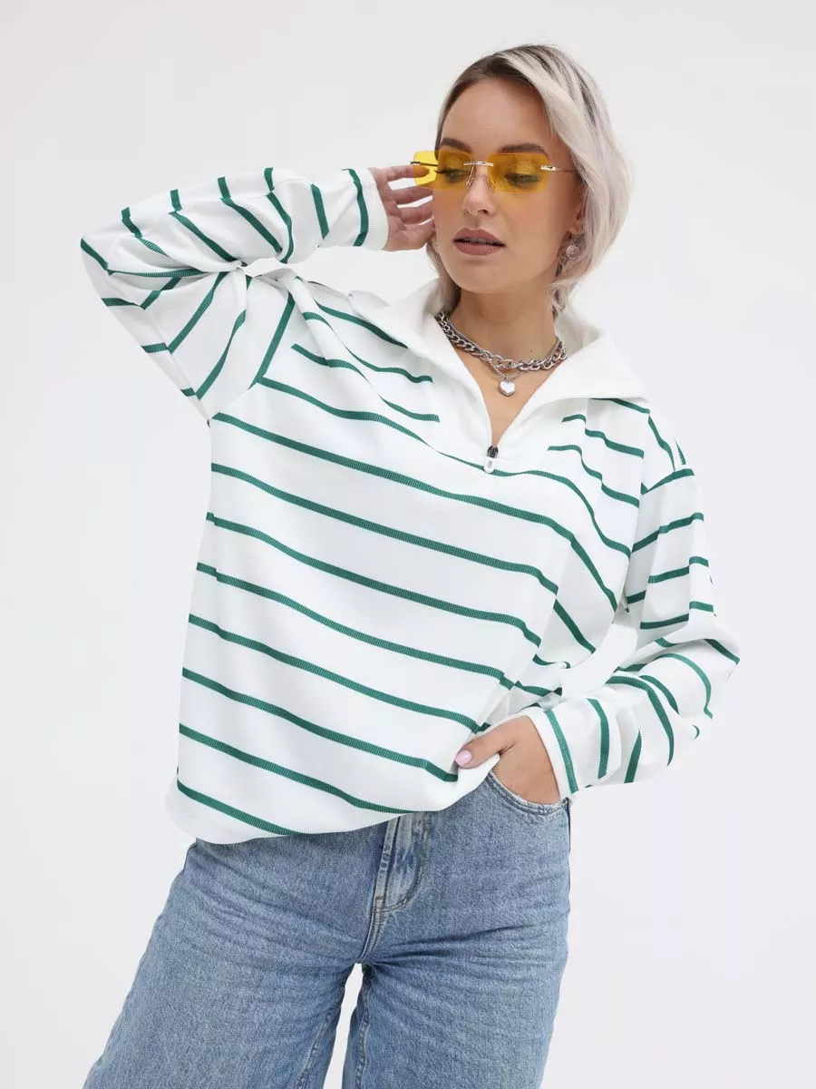 Джемпер женский 01109 в офис повседневно белый/зеленый белый/зеленый