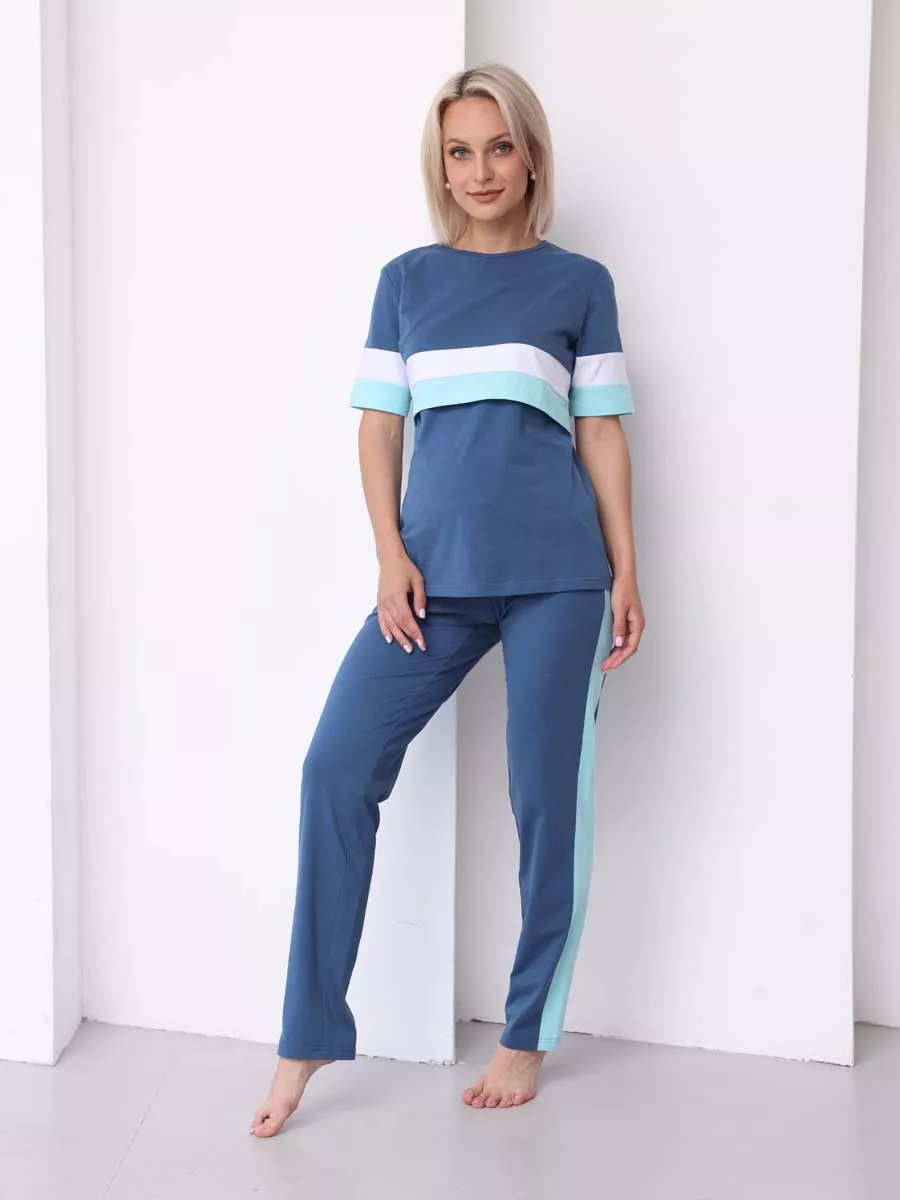 Комплект футболка брюки для беременных и кормящих 13828 синий/белый/ментоловый