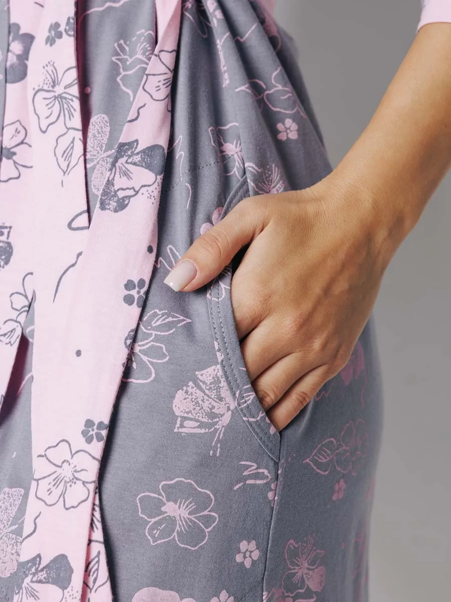 Халат с сорочкой для беременных и кормящих в роддом темно-серый/розовый