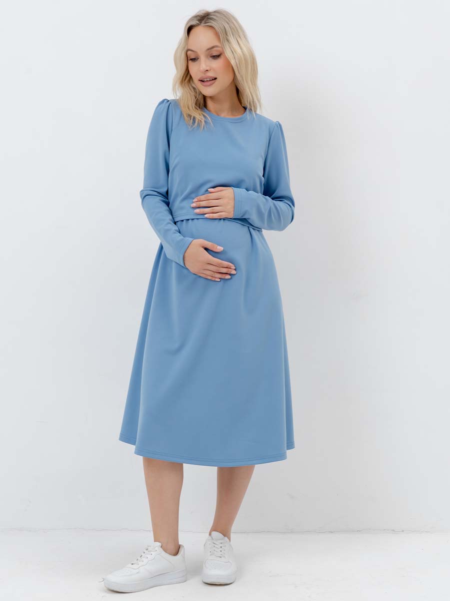Платье для беременных и кормящих с длинным рукавом в офис голубой