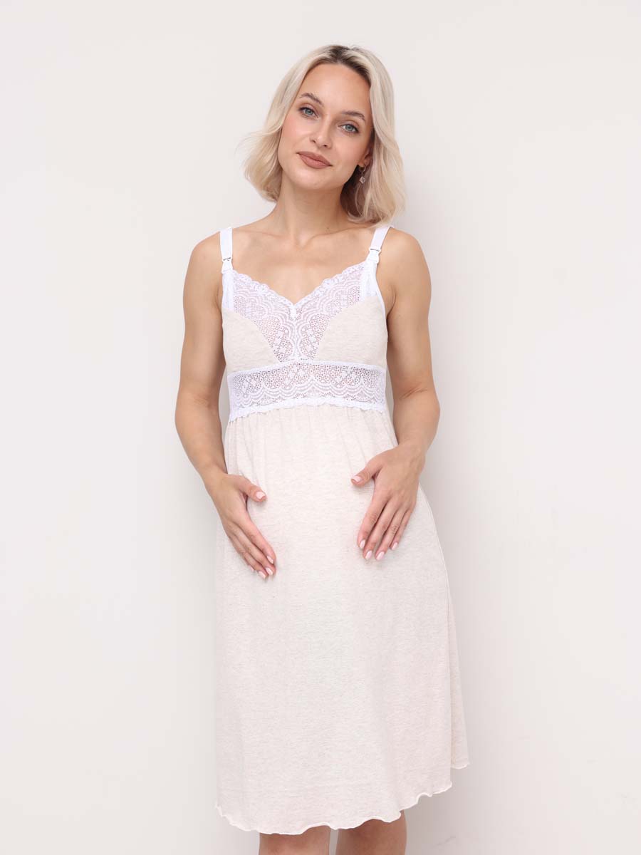 Комплект 16820 для беременных и кормящих халат с сорочкой бежевый_меланж/белый