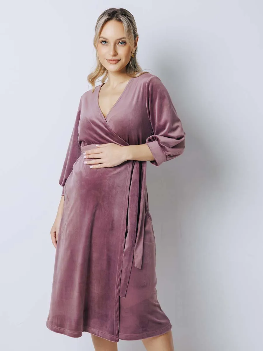 Халат велюровый для беременных и кормящих в роддом 25007 лиловый