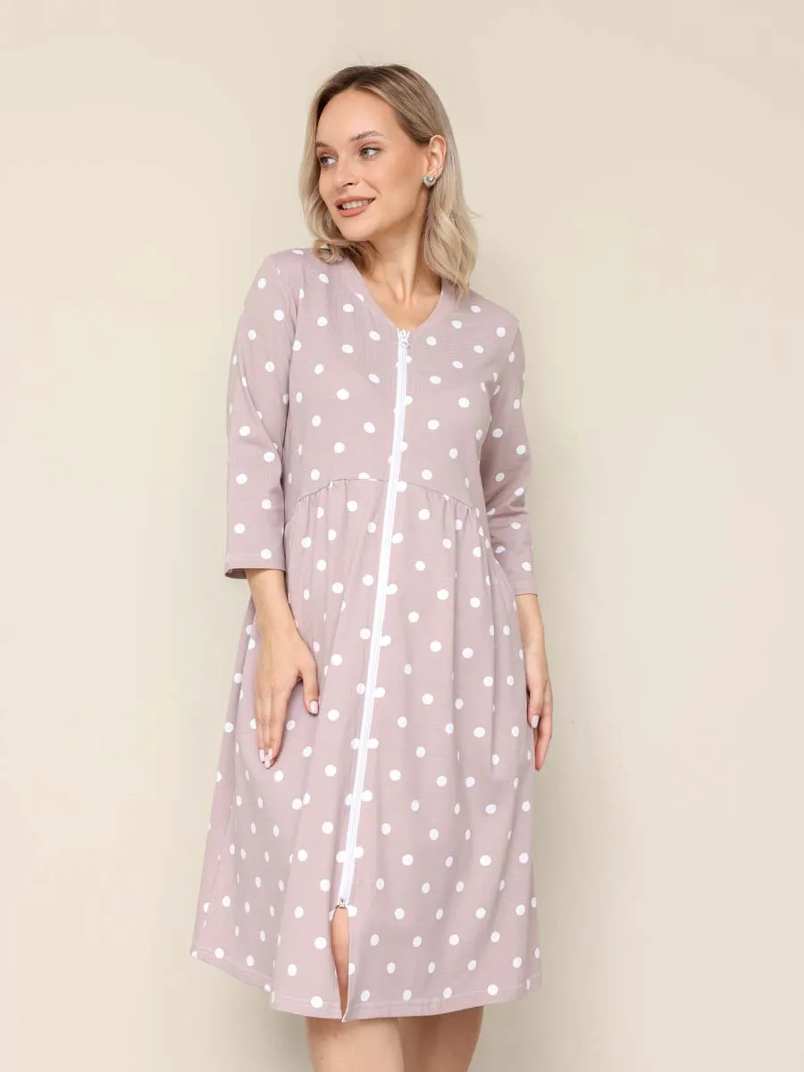 Халат домашний для беременных и кормящих в роддом 26302 бежевый/белый