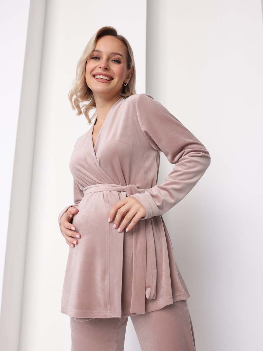 Домашний велюровый костюм с брюками осень зима бежевый/пудровый