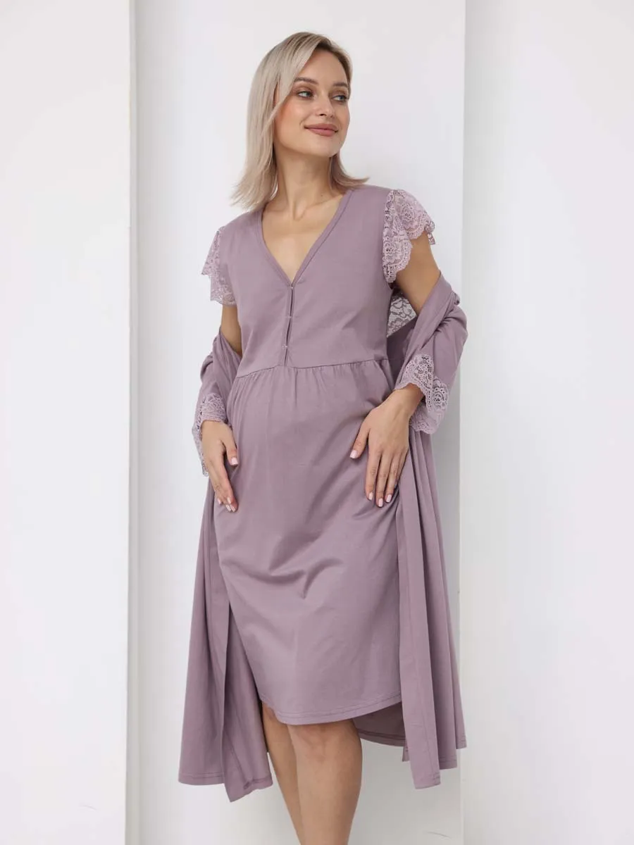 Халат с сорочкой для беременных и кормящих в роддом 21120 кофейный