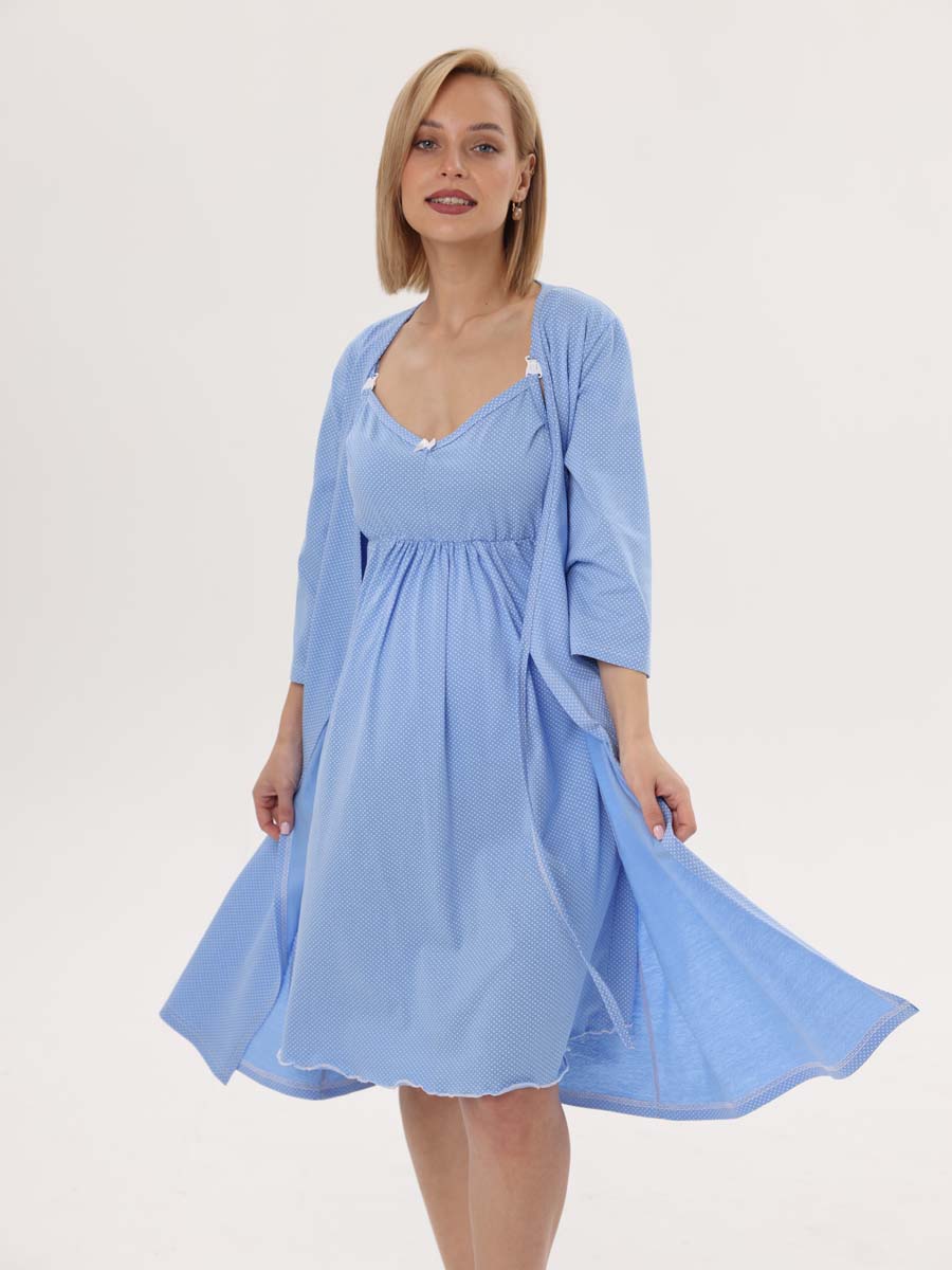 Комплект халат с сорочкой 24020 для беременных и кормящих голубой/белый