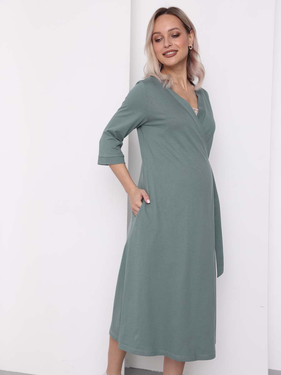 Халат и сорочка для беременных и кормящих в роддом костюм темно-зеленый/пудровый