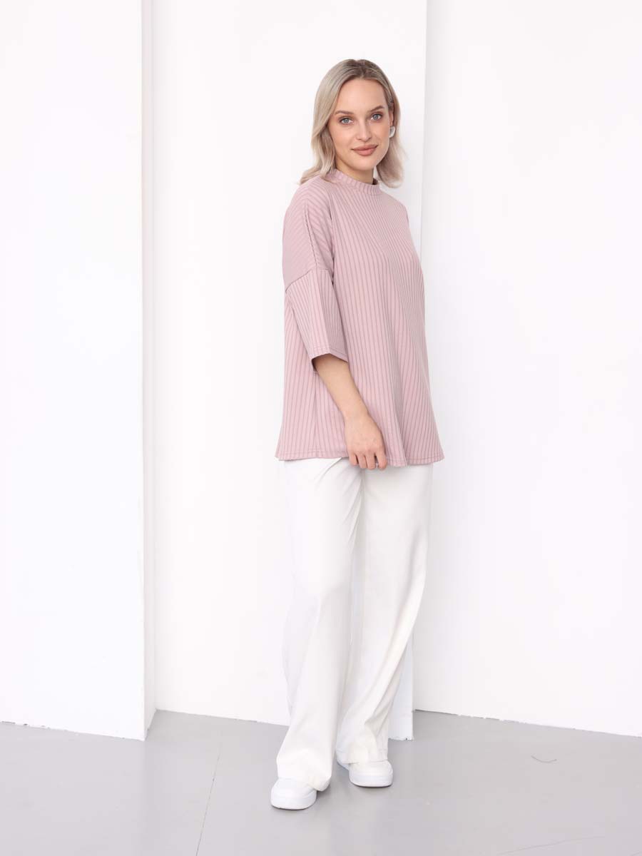 Джемпер оверсайз в рубчик с рукавом 3/4 для беременных пудровый
