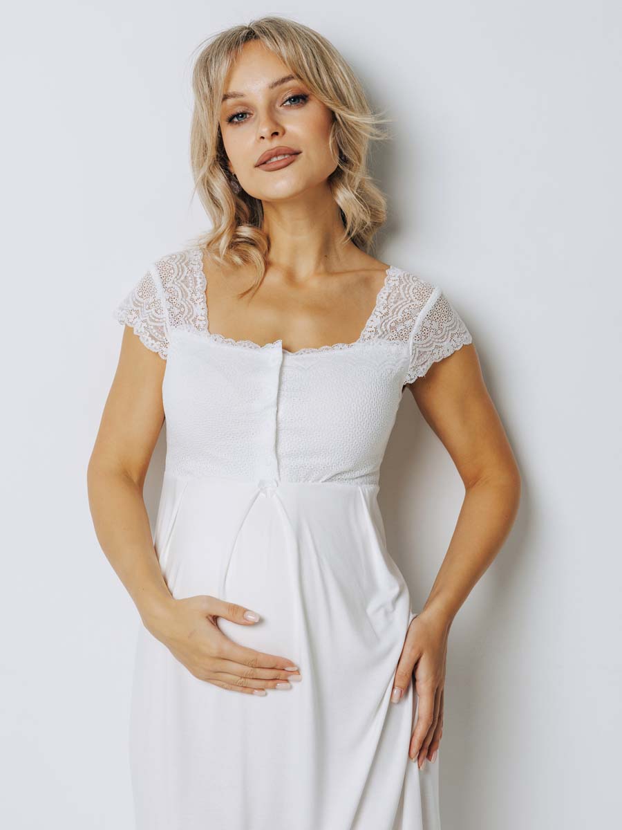 Костюм кружевной халат с сорочкой для беременных 27932 молочный