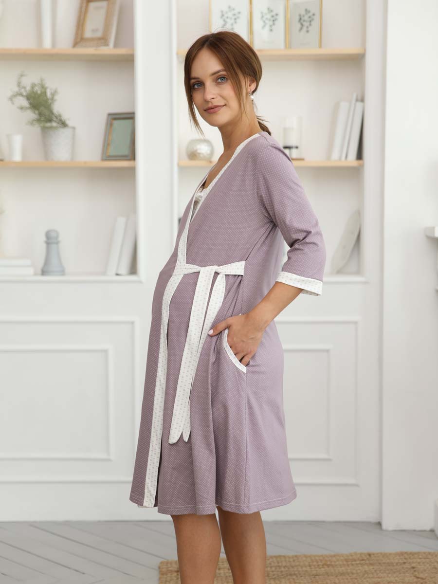 Халат и сорочка для беременных и кормящих в роддом костюм бежевый/молочный