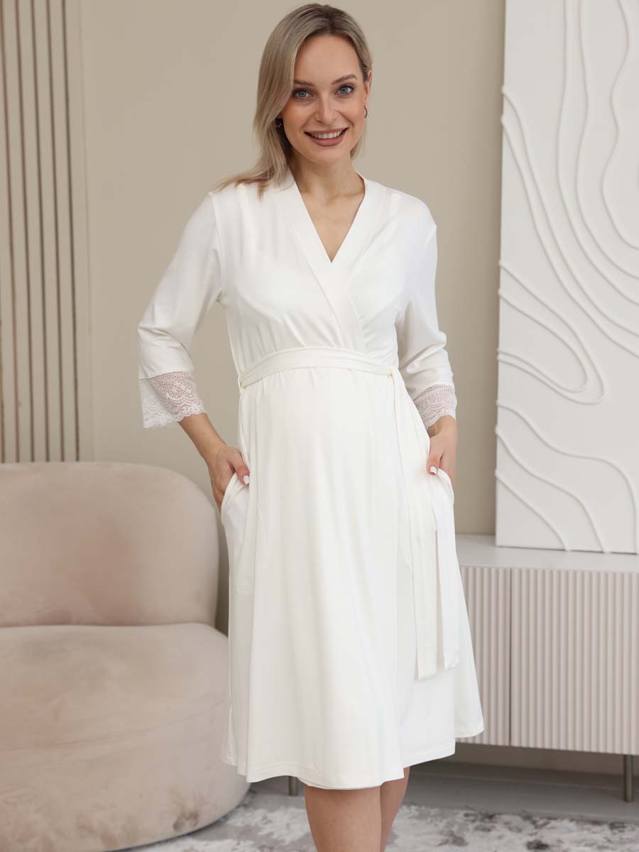 Кружевной пеньюар - халат с сорочкой для беременных 15732 молочный