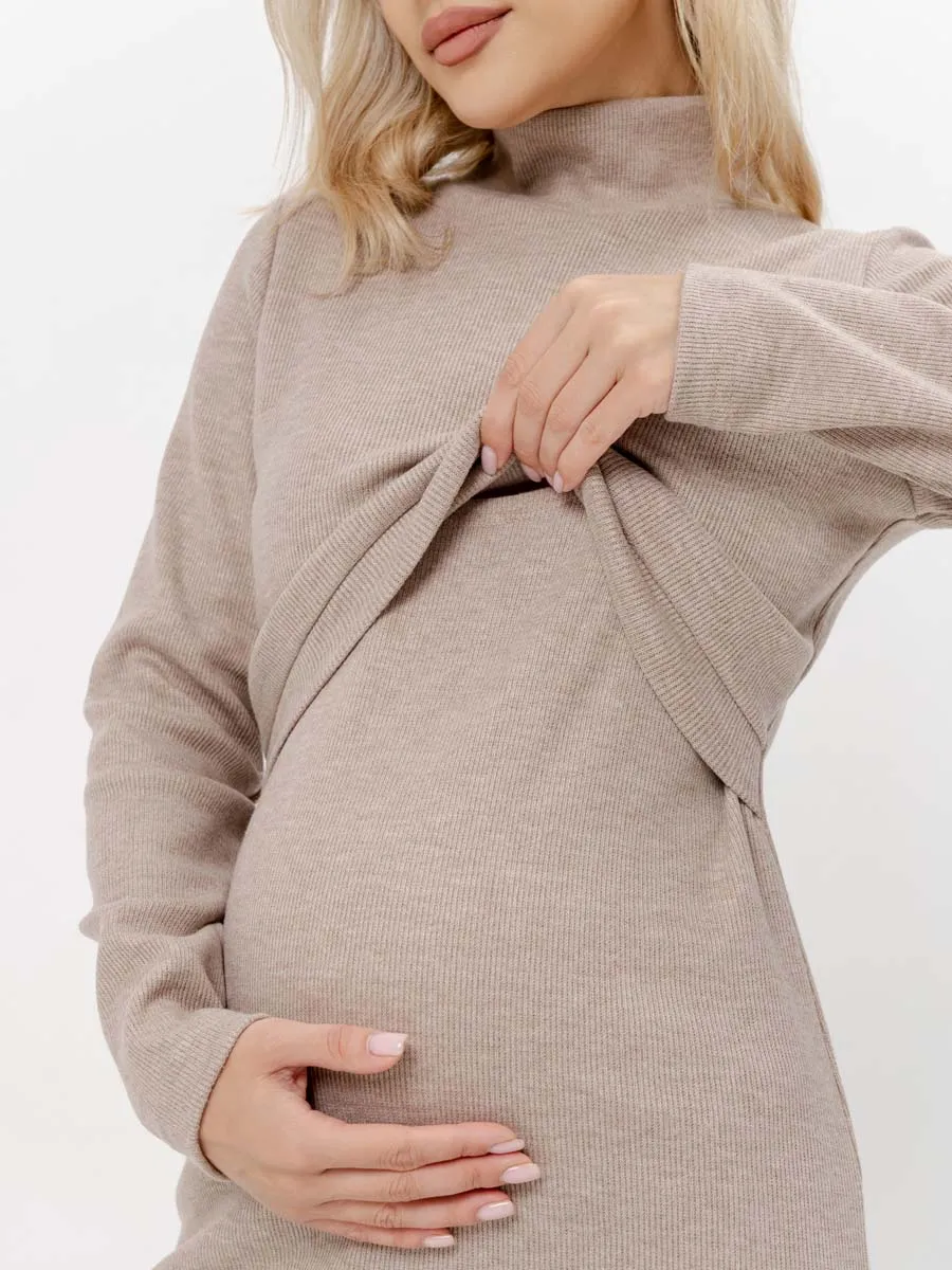 Платье вязаное для беременных и кормящих в офис 54504 бежевый