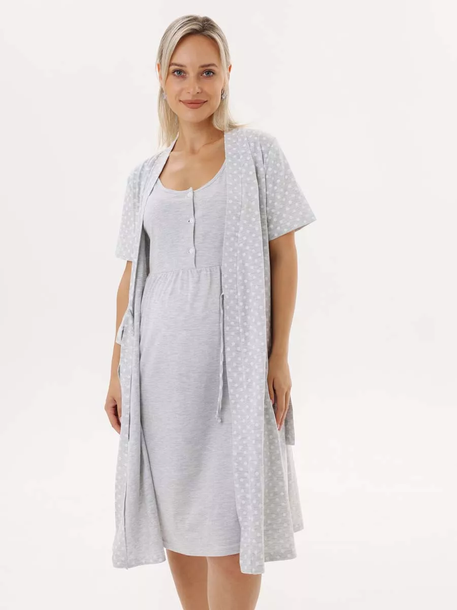 Халат с сорочкой для беременных и кормящих в роддом 55220 серый меланж/белый