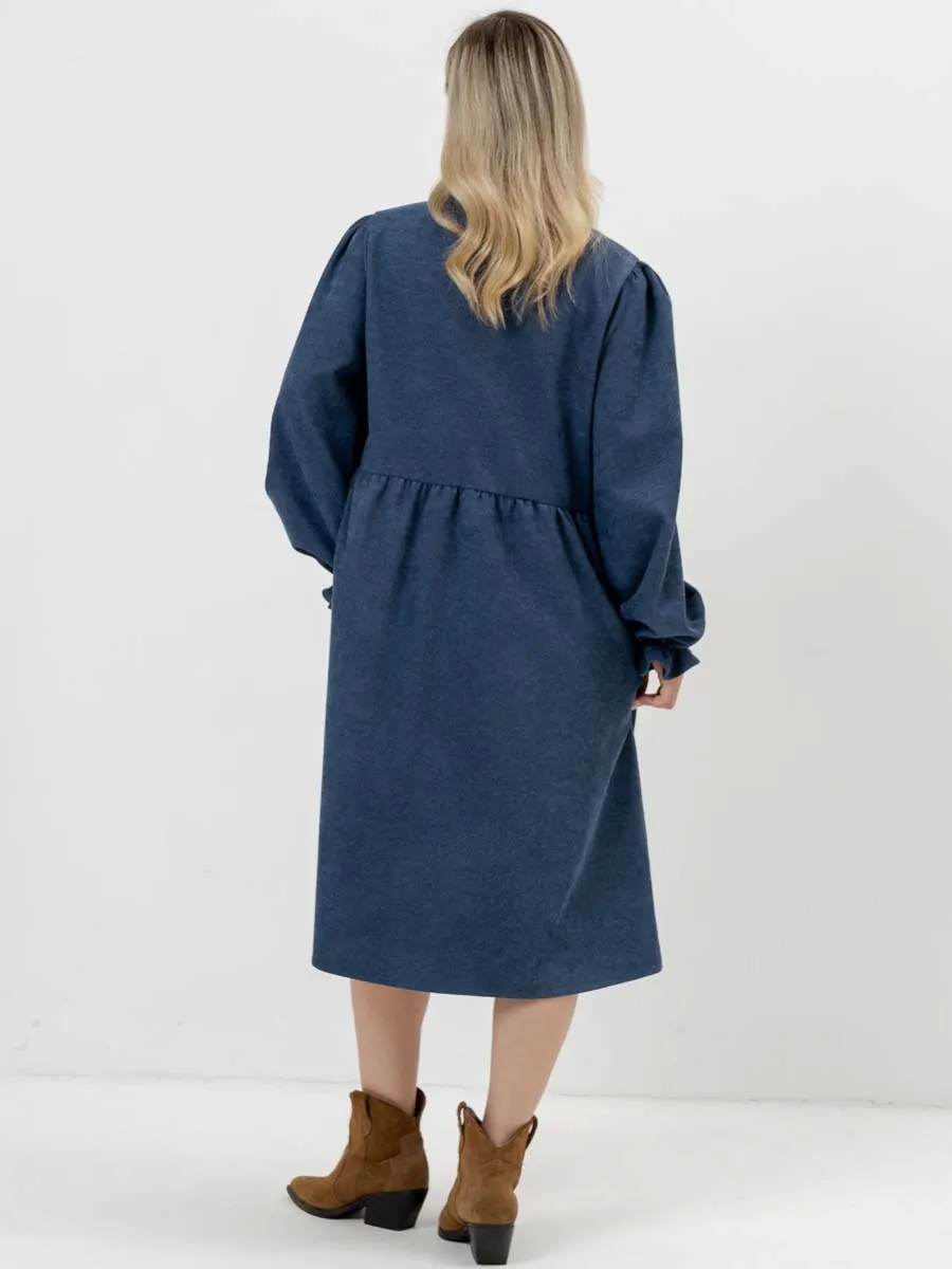 Платье для беременных с длинным рукавом вельветовое в офис сине-серый