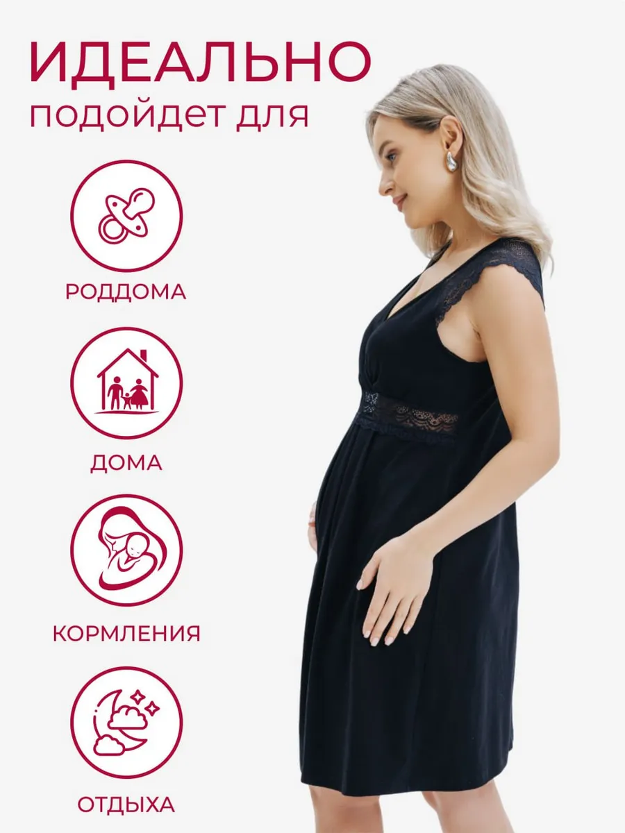 Ночнушка хлопок для беременных и кормящих в роддом черный