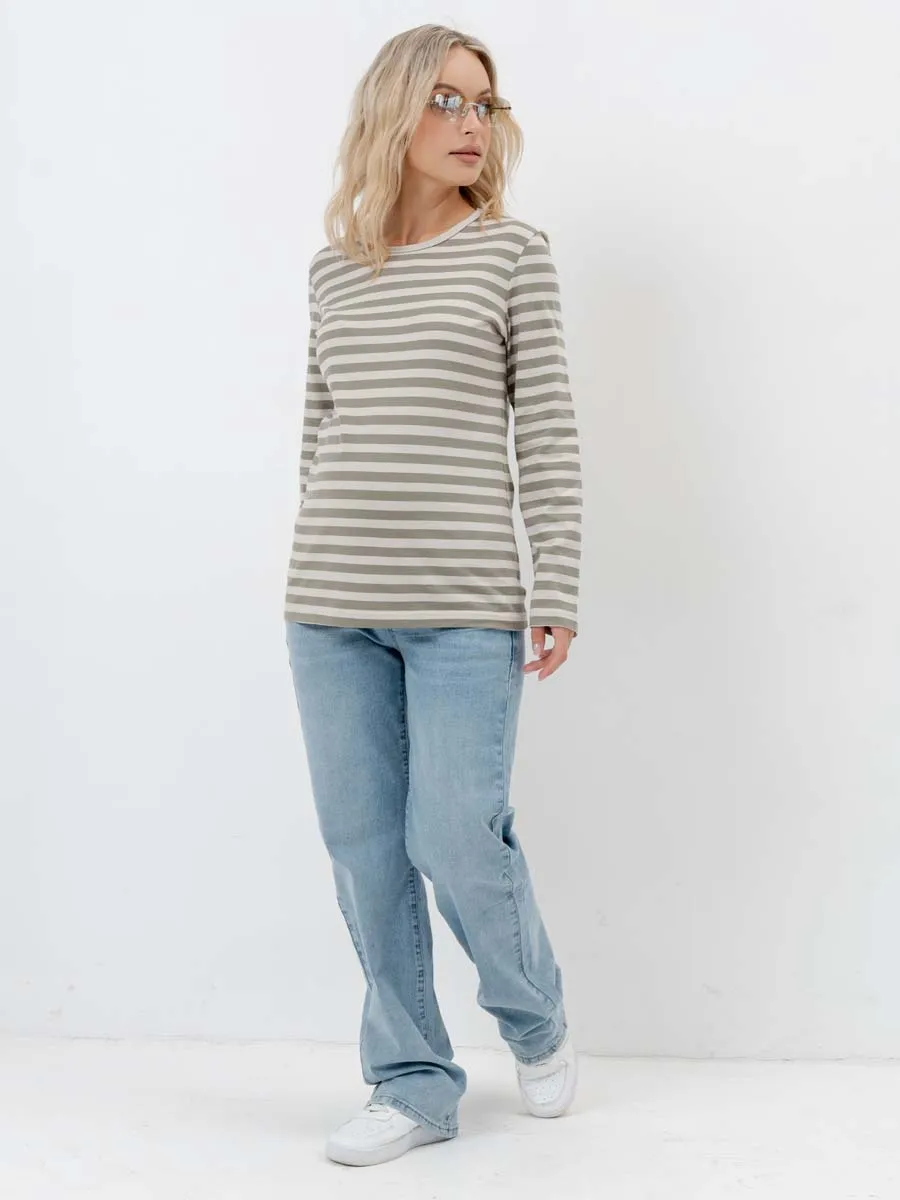 Лонгслив тельняшка с длинным рукавом для беременных хлопок хаки/серый