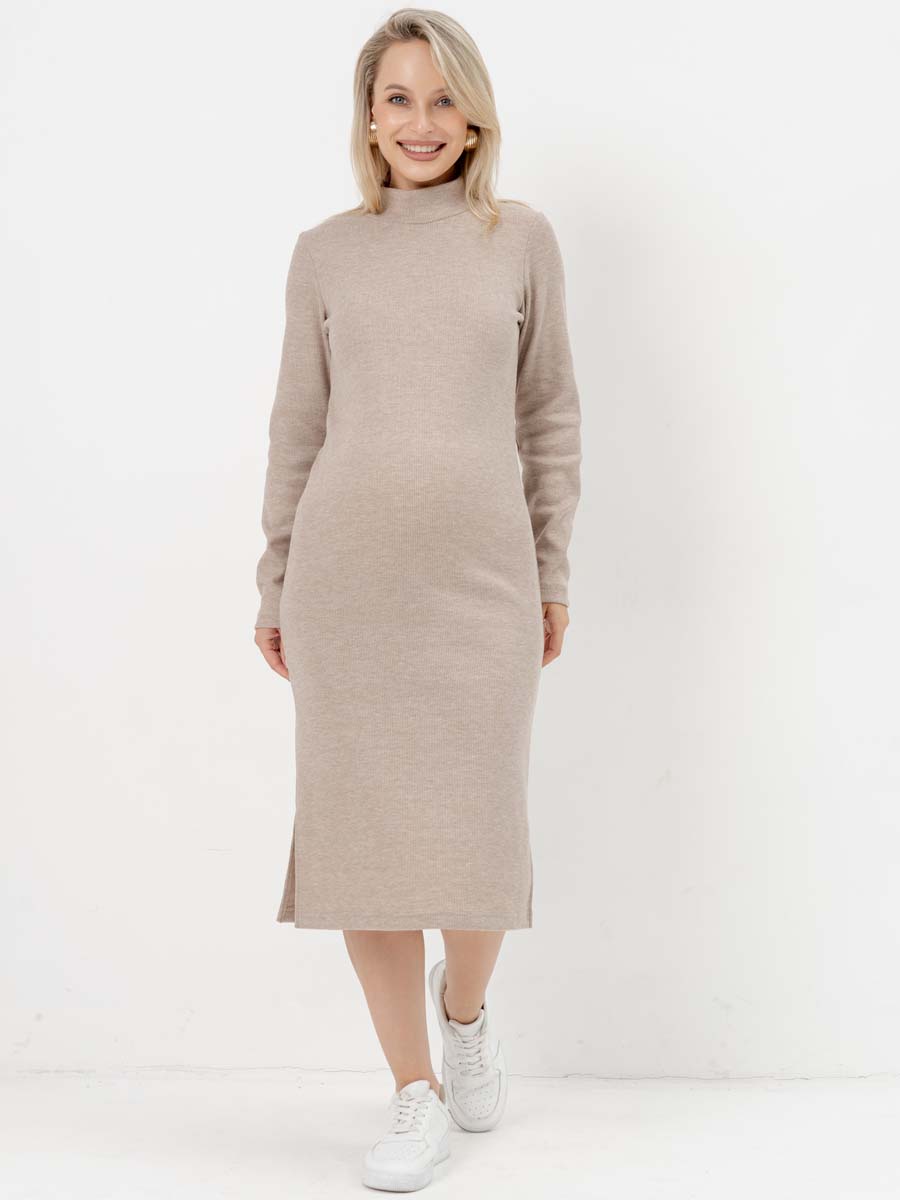Платье для беременных с длинным рукавом осеннее в офис бежевый