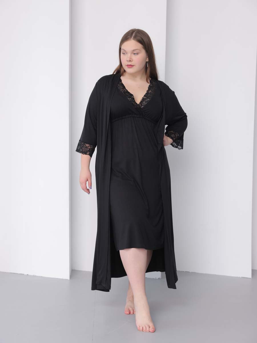 Халат с сорочкой большие размеры черный