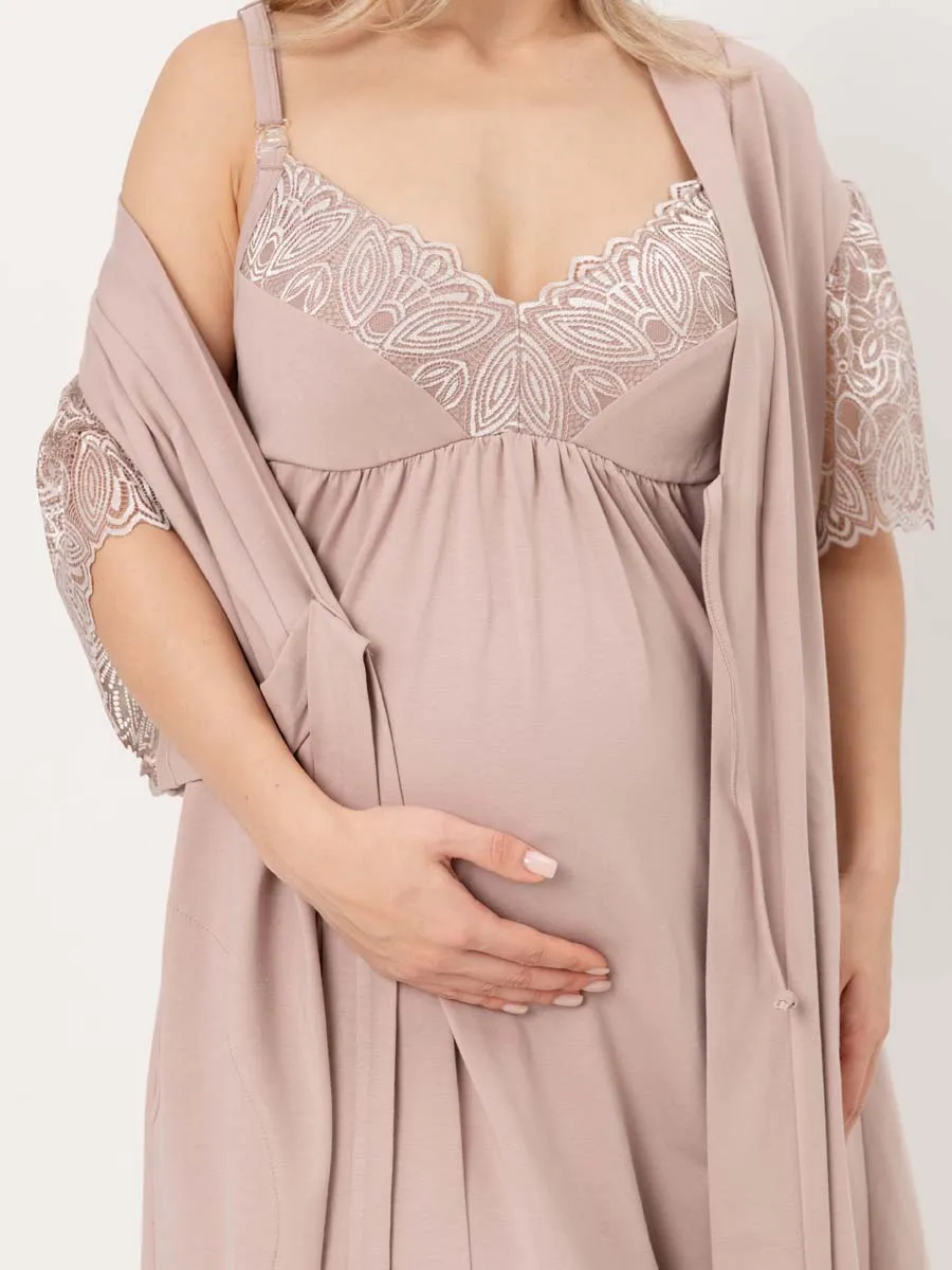 Костюм кружевной халат с сорочкой для беременных бежевый