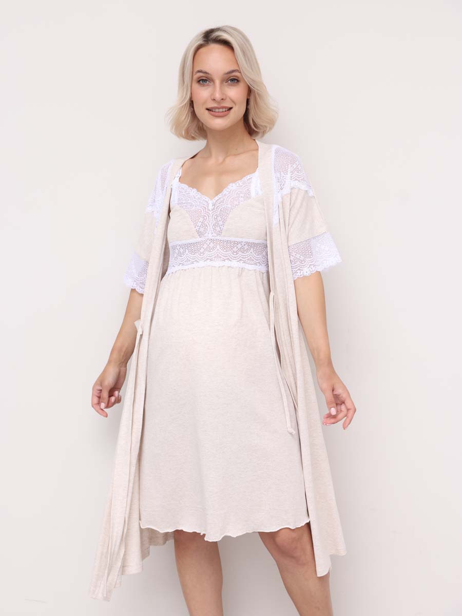 Комплект 16820 для беременных и кормящих халат с сорочкой бежевый_меланж/белый