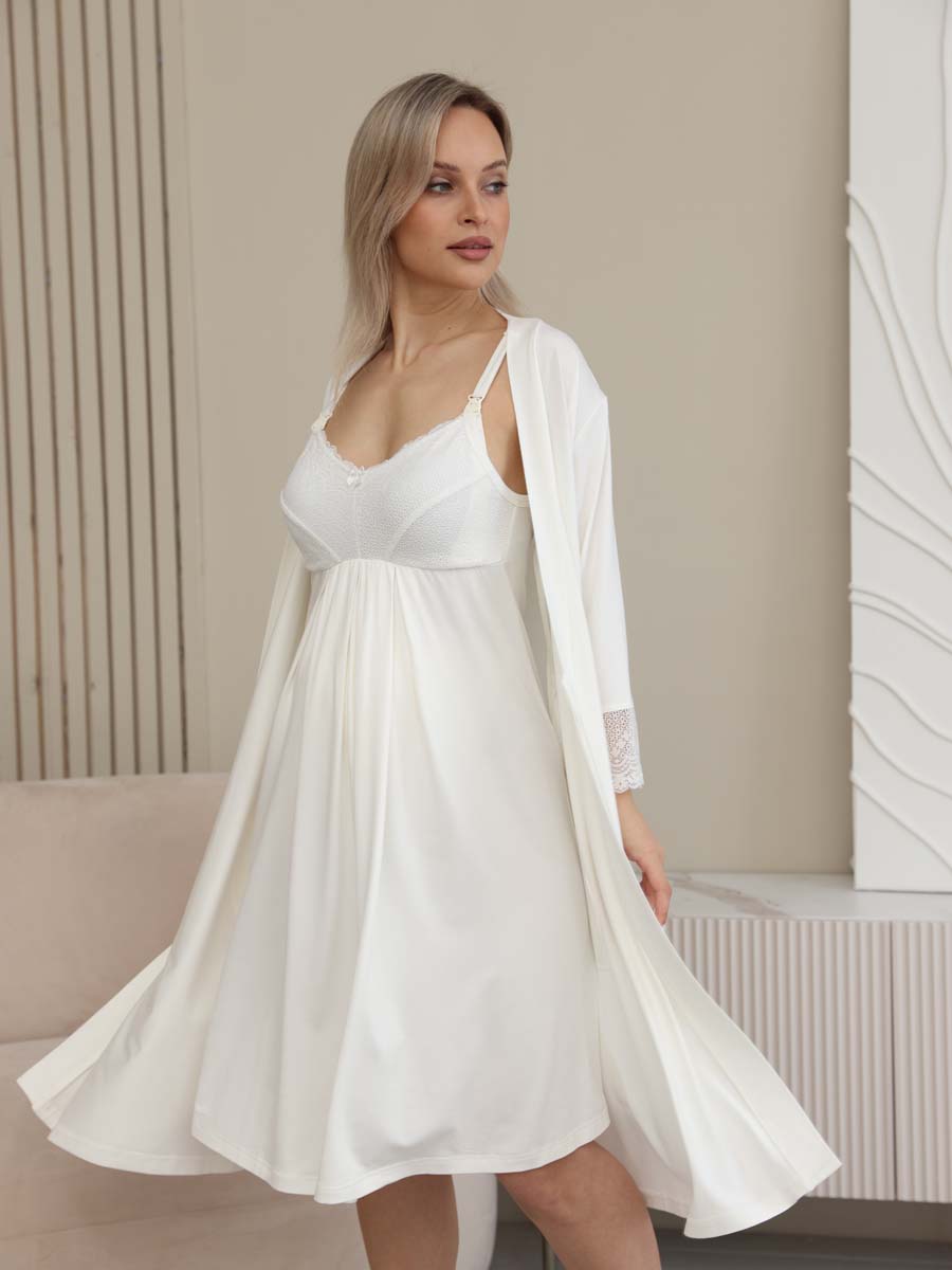 Кружевной пеньюар - халат с сорочкой для беременных 15732 молочный