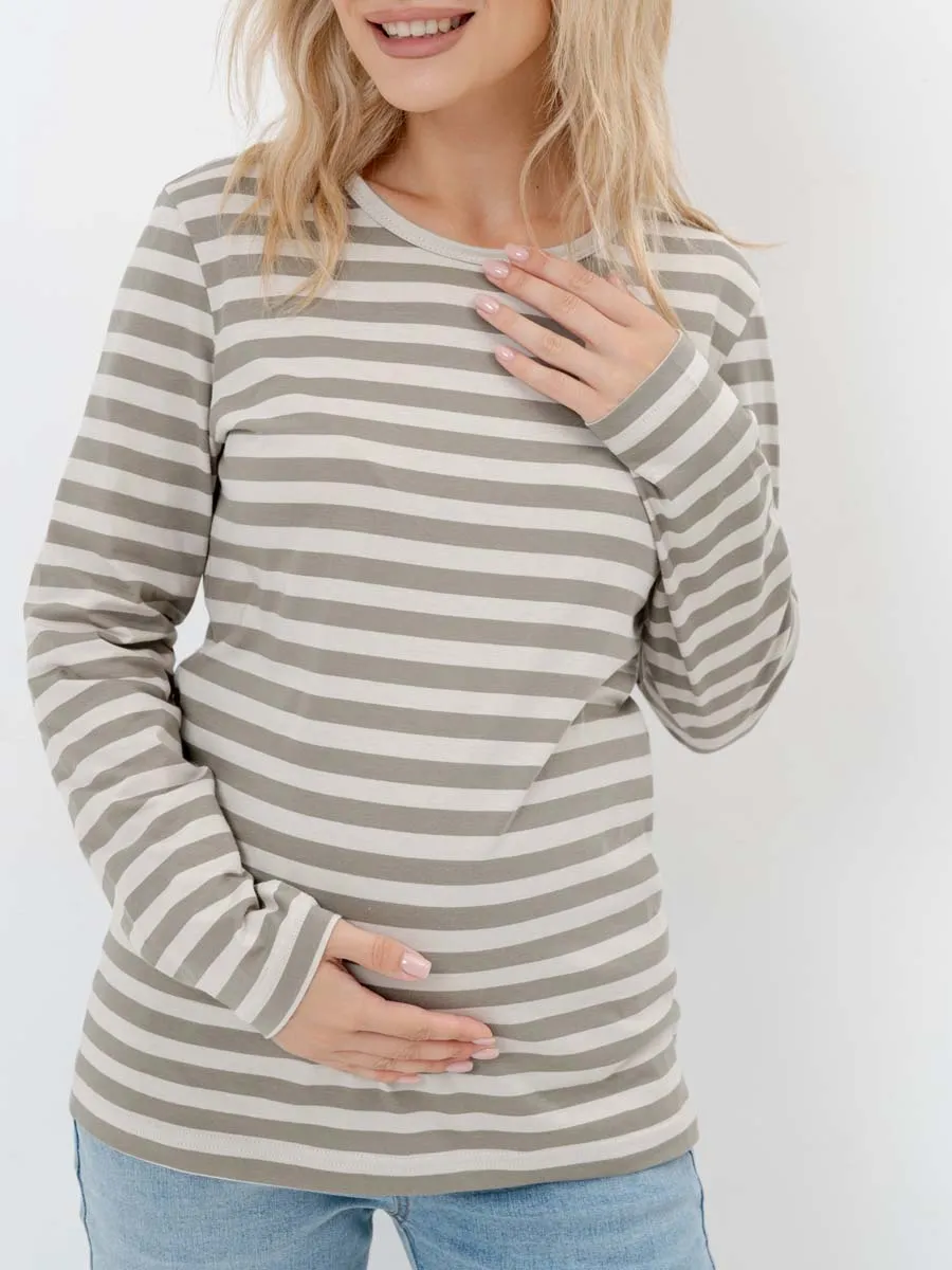 Лонгслив тельняшка с длинным рукавом для беременных хлопок хаки/серый