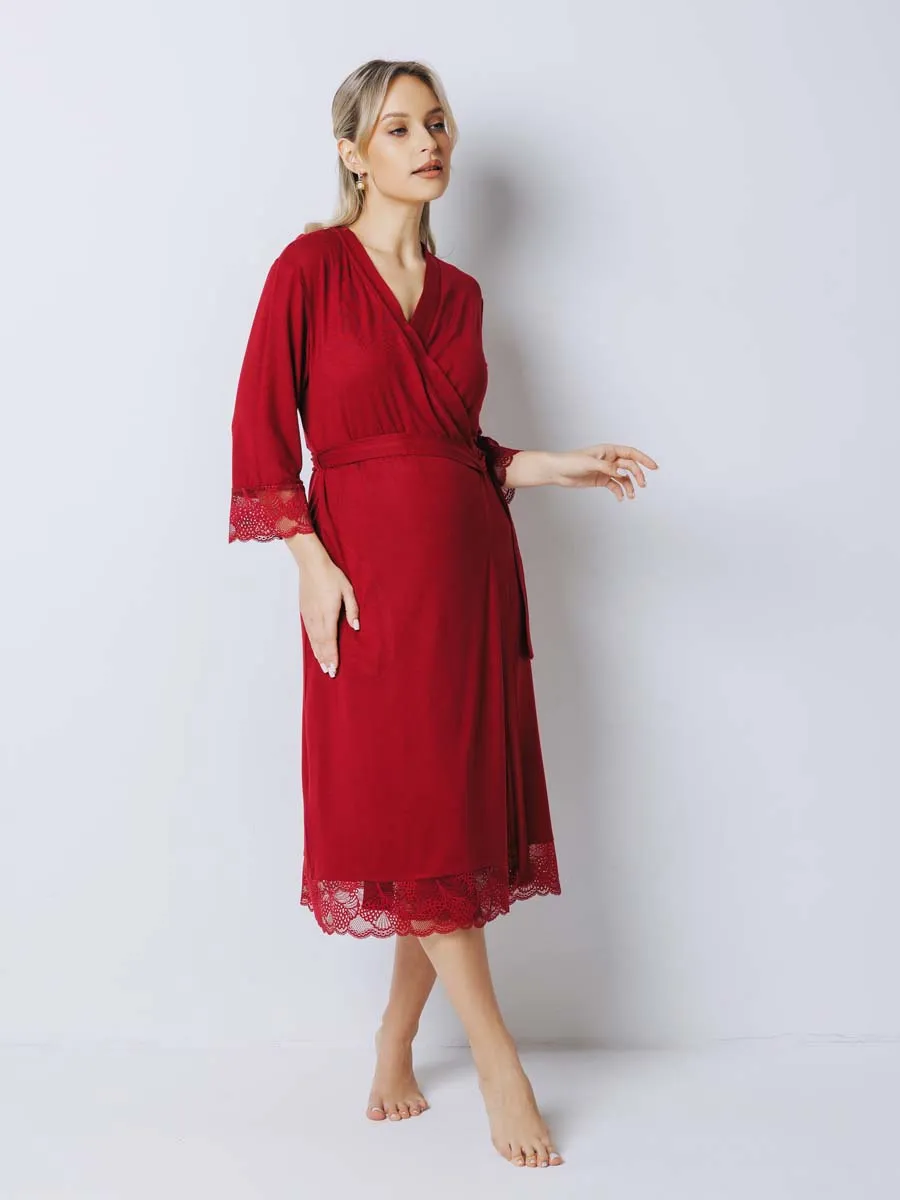 Костюм кружевной халат с сорочкой для беременных 27532 бордовый