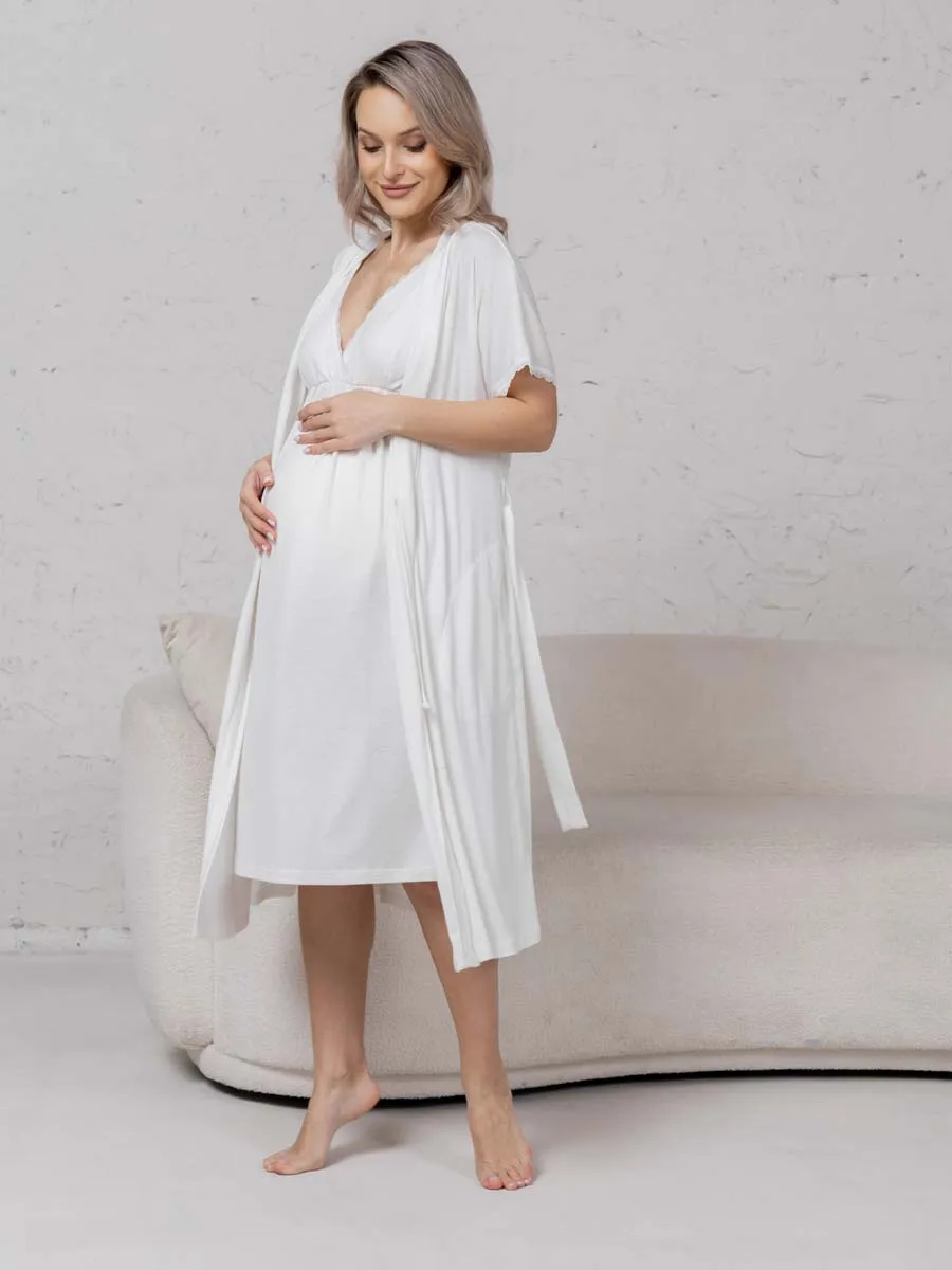 Халат с сорочкой для беременных и кормящих молочный