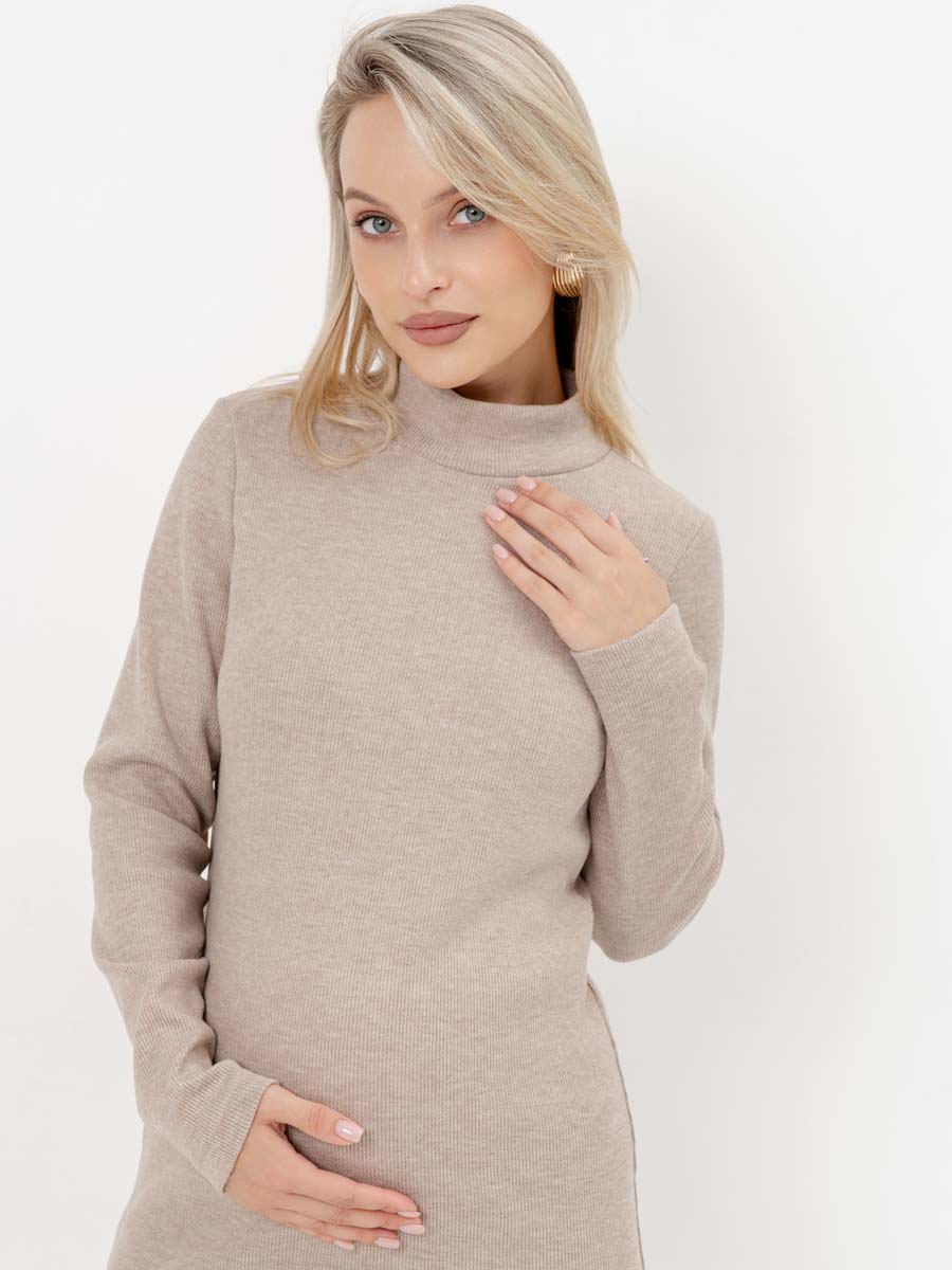 Платье для беременных с длинным рукавом осеннее в офис бежевый