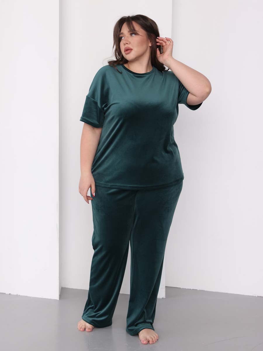 Костюм домашний женский велюровый с брюками палаццо изумрудный/зеленый