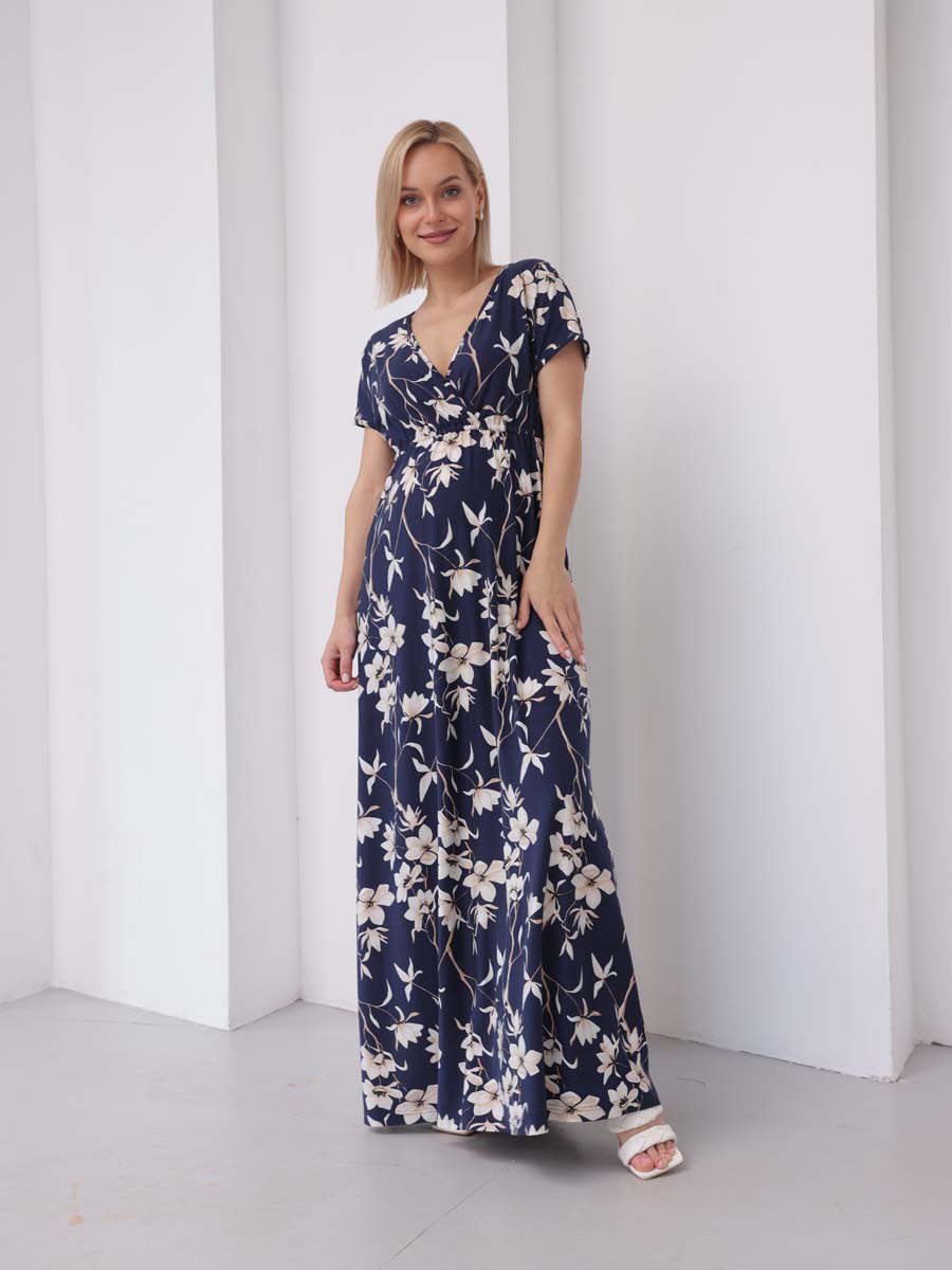 Платье женское для беременных и кормящих 60909 в офис синий/молочный