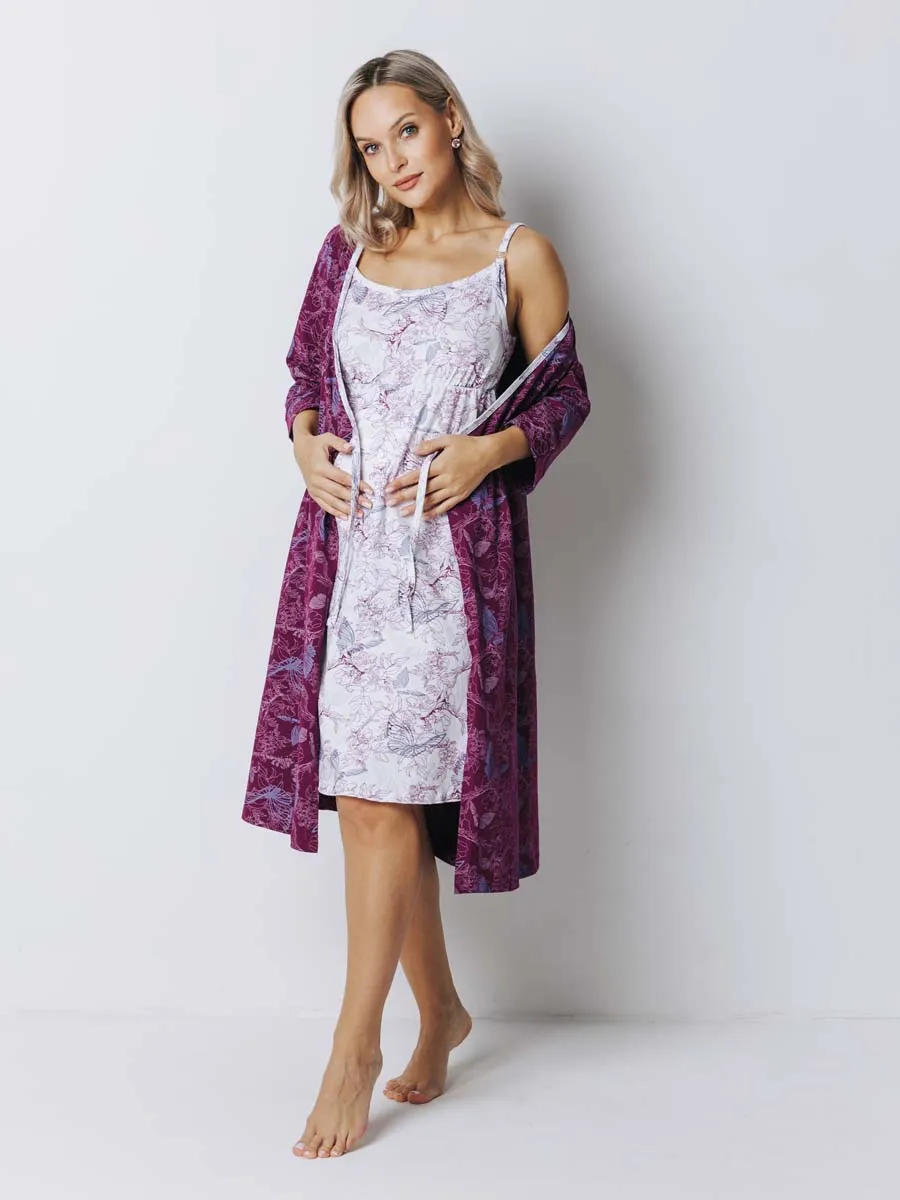 Халат с сорочкой для беременных и кормящих в роддом бордовый/белый