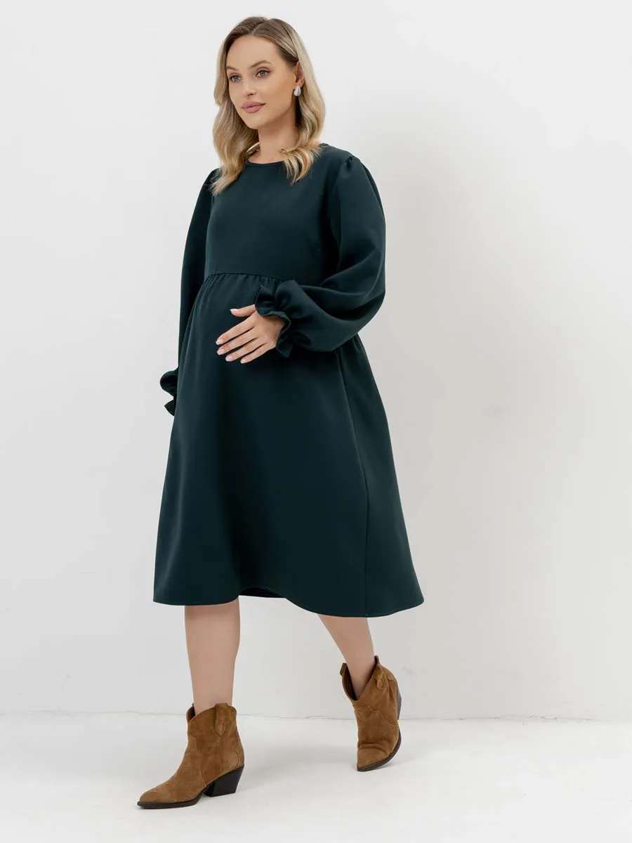Платье для беременных с длинным рукавом в офис изумрудный