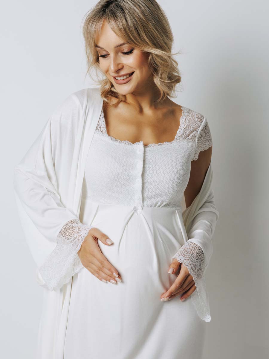 Костюм кружевной халат с сорочкой для беременных 27932 молочный