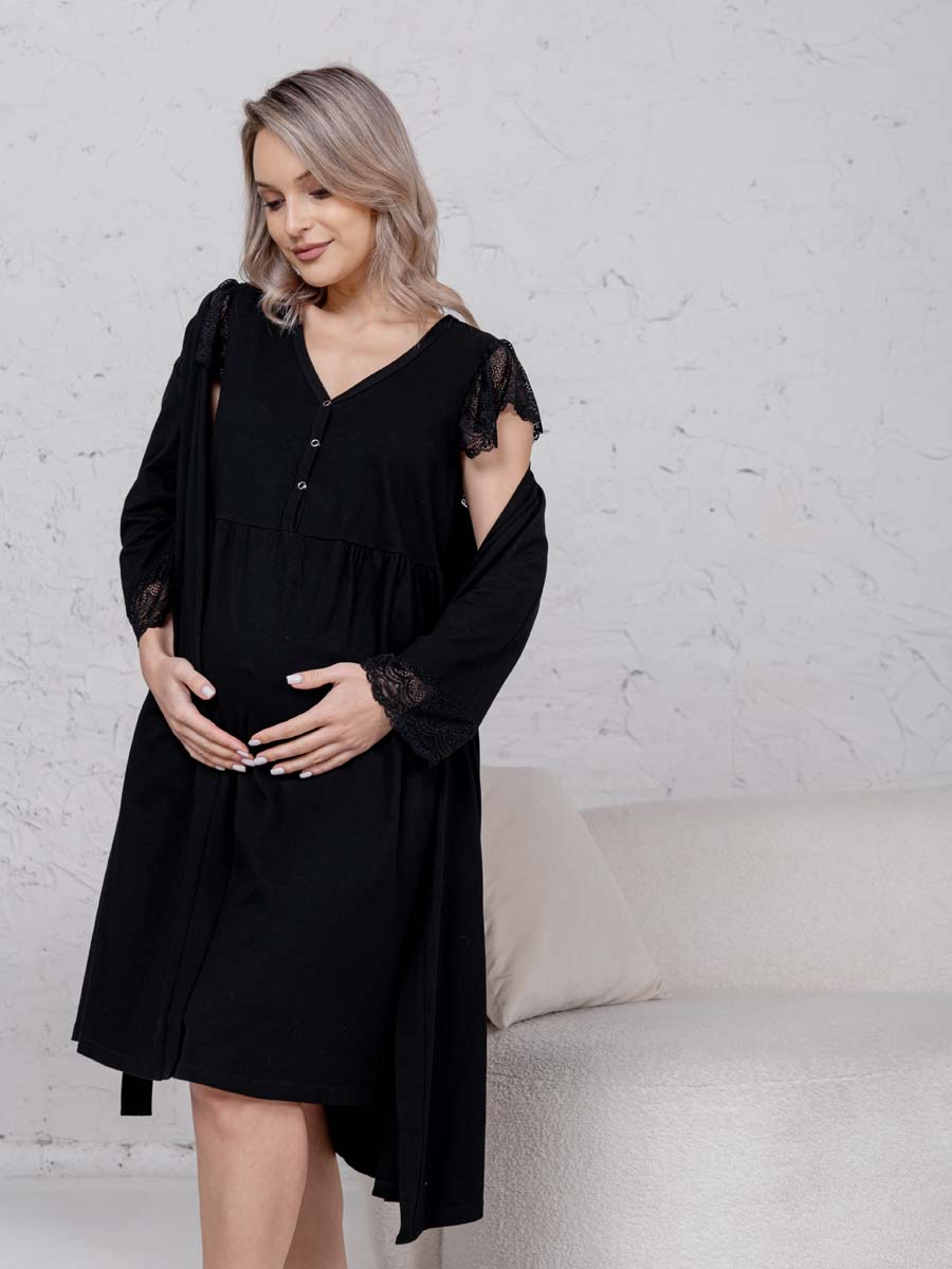 Халат с сорочкой для беременных и кормящих в роддом 21120 черный