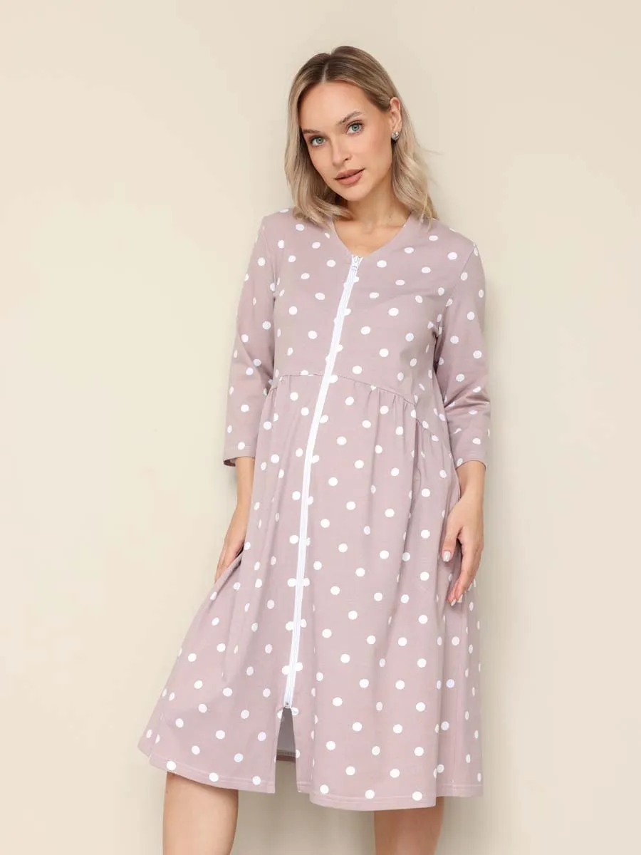 Халат домашний для беременных и кормящих в роддом 26302 бежевый/белый