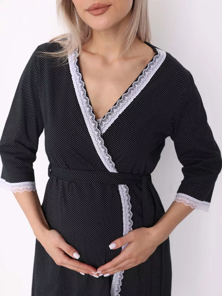 Халат с сорочкой для беременных и кормящих в роддом черный/белый