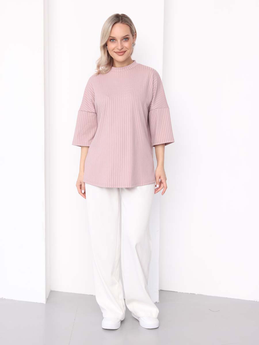 Джемпер оверсайз в рубчик с рукавом 3/4 для беременных пудровый