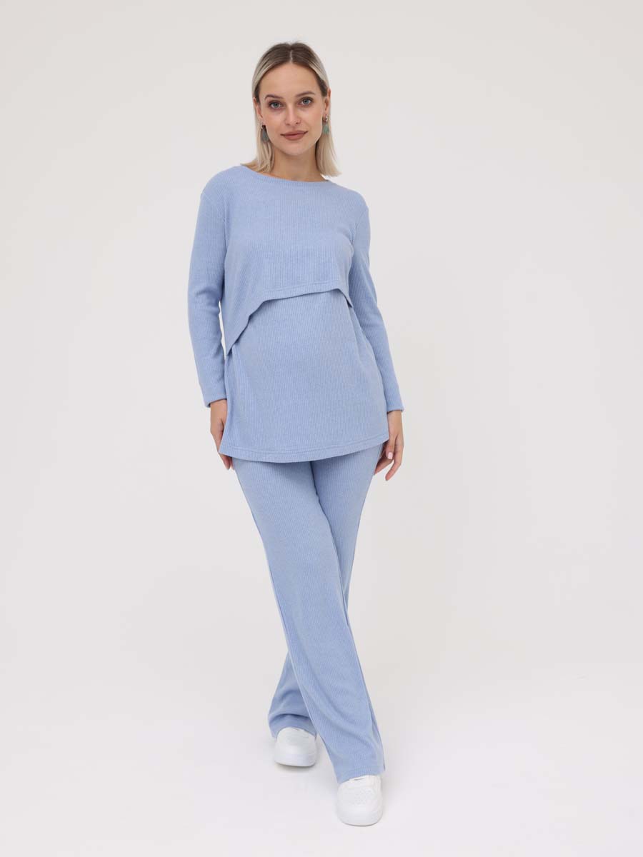 Костюм для беременных и кормящих с брюками в рубчик голубой