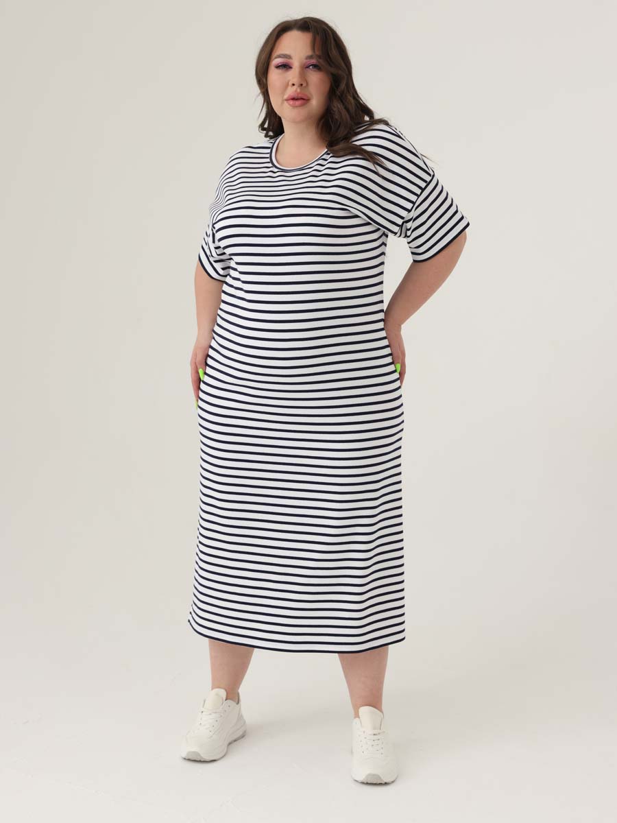 Платье женское больших размеров 69504 в офис белый/темно-синий