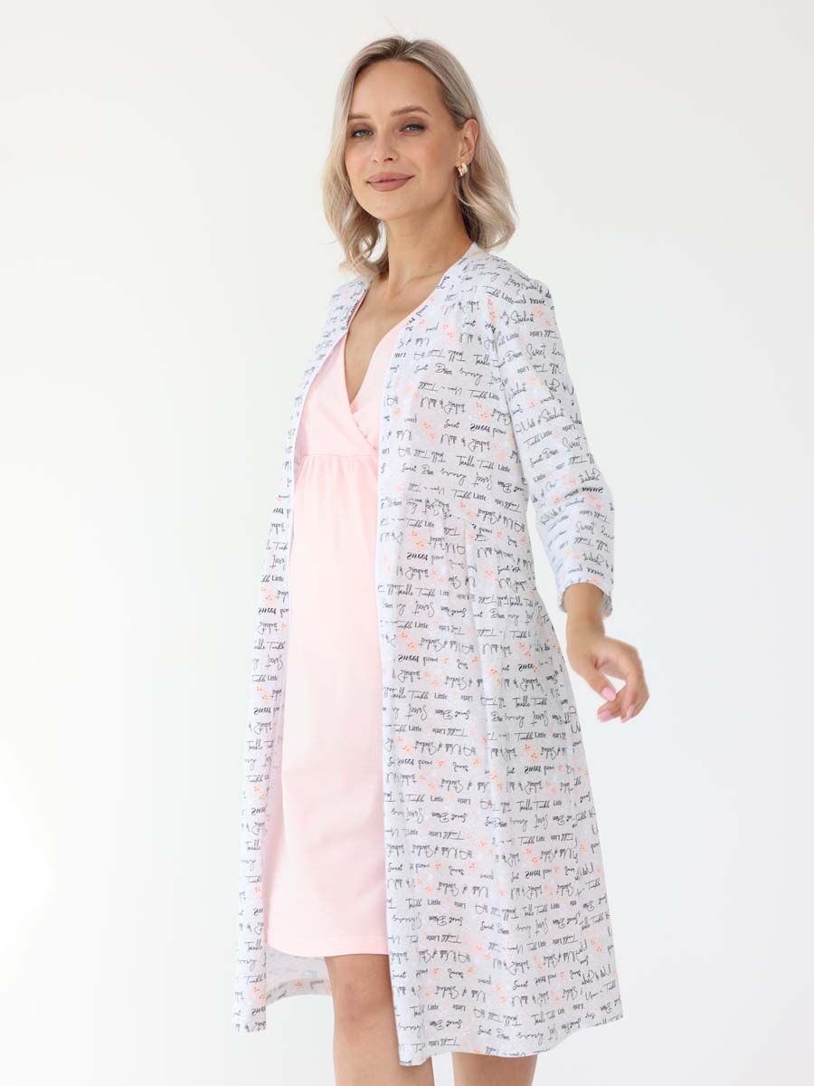Халат и сорочка для беременных и кормящих в роддом 27320 серый/розовый
